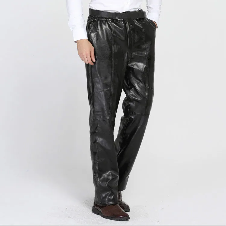 Pantalon de Moto en Faux cuir pour homme, vêtement d'hiver, noir, PU cuir, grande taille, épais, chaud, Long, décontracté