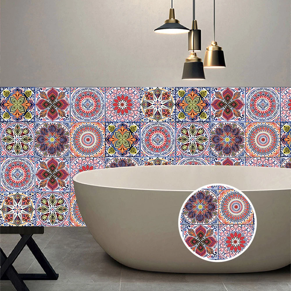 10pcs Mandala Tile Wall Sticker Self-adhesive Retro Pattern Matte Surface Murals Wallpaper for Kitchen Bathroom Wall Decals