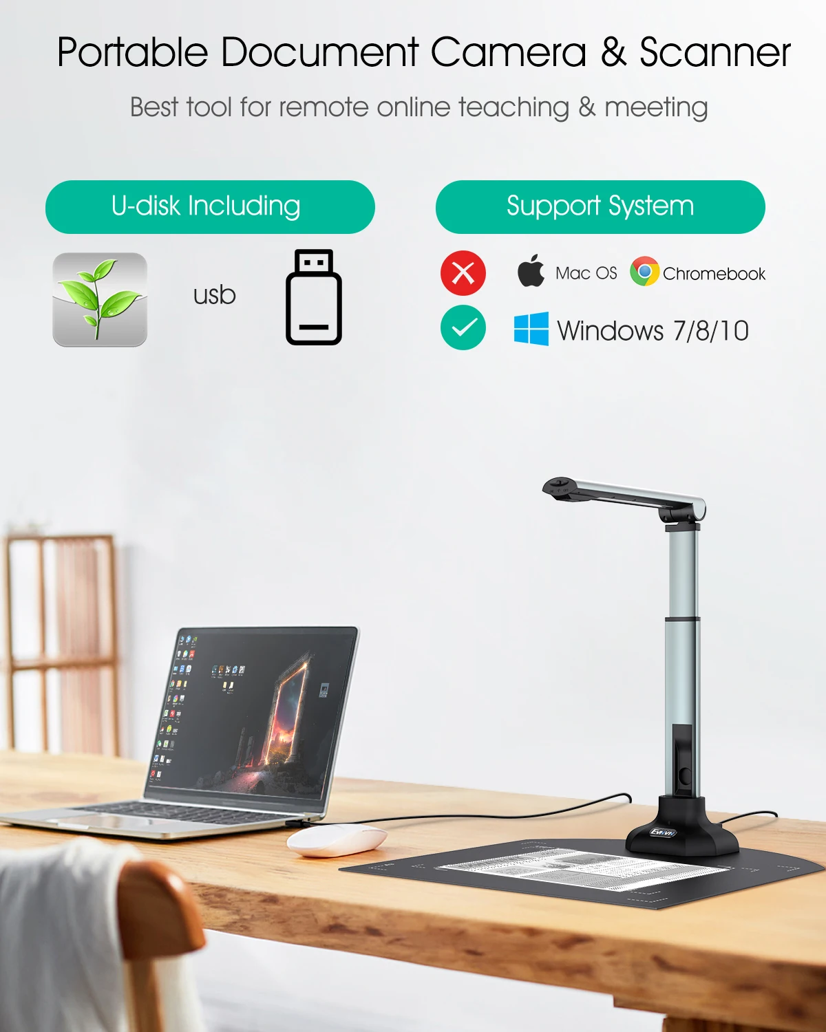 New: 12MP USB Document Camera for Teachers Laptop A3/A4 Size Portable Book Document Scanner with Extension Stand OCR Zoom Paint