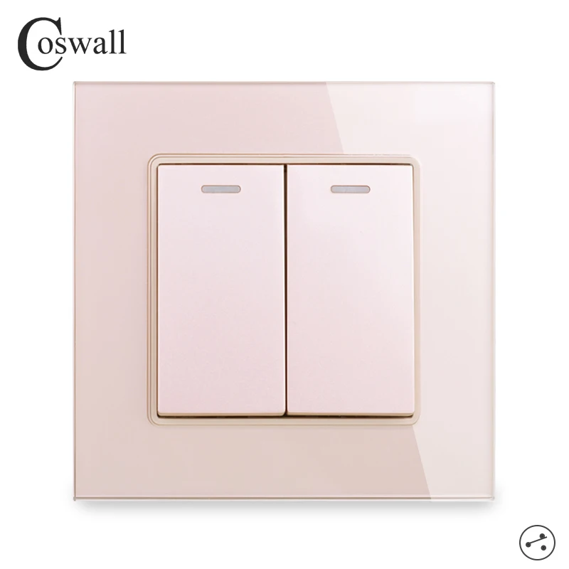 COSWALL Crystal Glass Panel 2 Gang 2 Way On / Off Pass Through Stair Rocker Wall Light Switch Switched 16A C1 Series