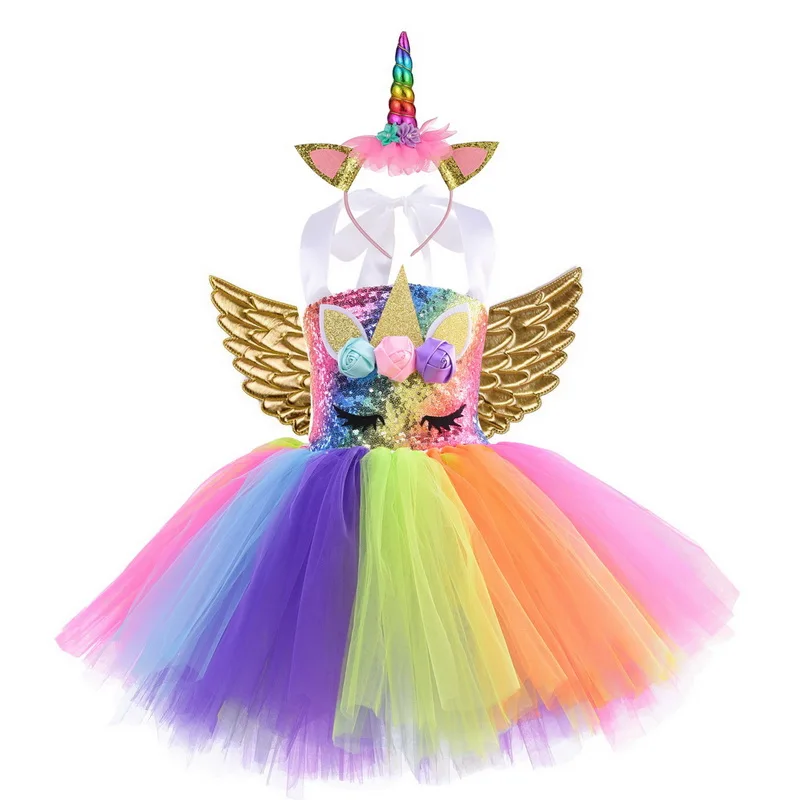 Kinderen Kids Halloween Eenhoorn Kostuum Voor Meisjes Rainbow Eenhoorn Tutu Jurk Met Hoofdband Vleugels Prinses Bloem Meisje Party Dres