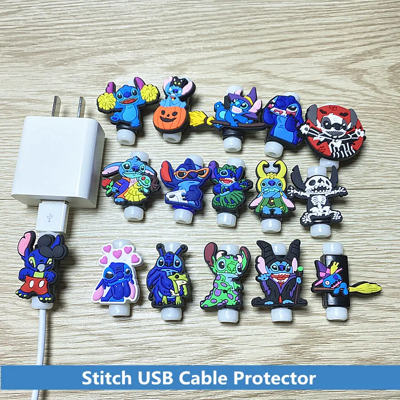 100Pcs/lot Disney Stitch USB Cable Protector Data Line Cord Protector Cable Winder Cover For iPad iPhone Android Charging Cable