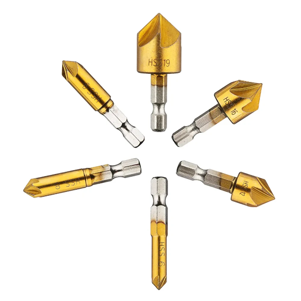 6 stücke 5 Flöte Kegel Bohrer Senker Bohrer Titan Beschichtete HSS1/4 "Hex Schaft Winkel Punkt Holz PVC Cutter Rand Fase Rea