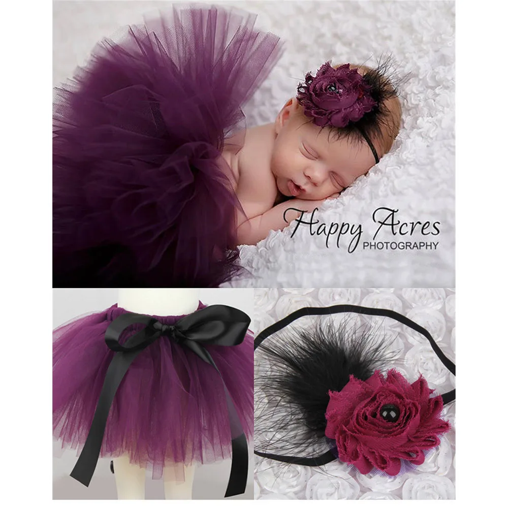 Newborn Baby Feather Lace Tutu Skirt Outfits Suit Photography Props Baby Girls Costume Princess Headdress Flower Headband