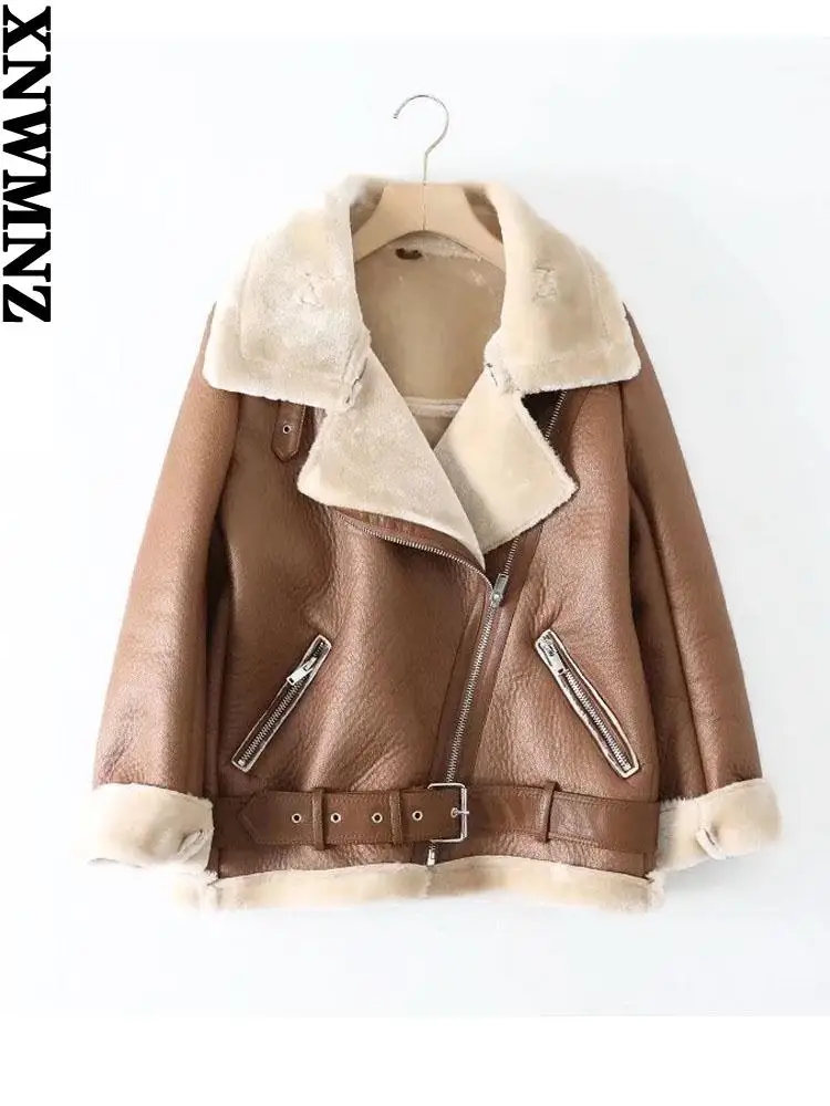 XNWMNZ 2023 Winter Coats Women Thick Faux Leather Fur Sheepskin Coat Female Fur Leather Jacket Aviator Jacket Casaco Feminino