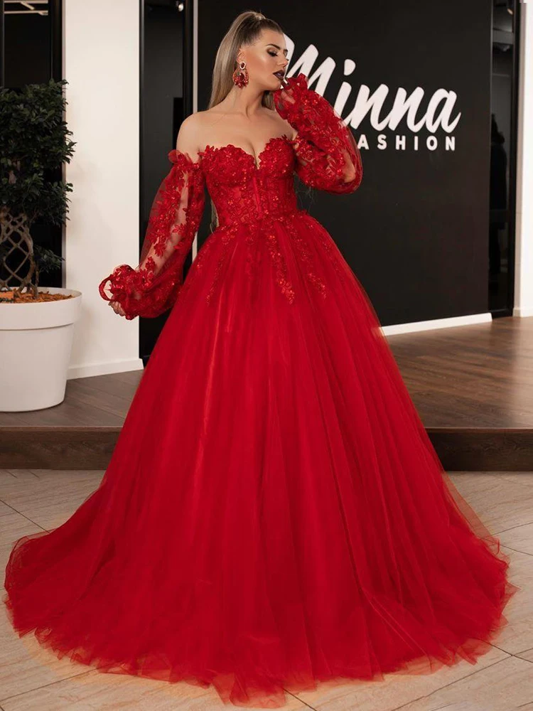 LORIE Red Evening Dresses Formal Long Sleeve Off the Shoulder Lace Appliques Prom Gowns Plus Size Back Lacing Princess Dress