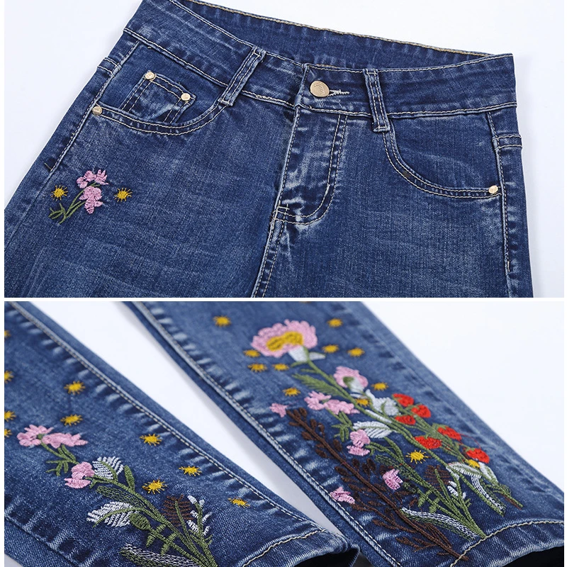 Women Jeans Woman Push Up High Waist Stretch Skinny Pencil Denim Pants Spring Summer Mom Blue Floral Embroidered Trousers