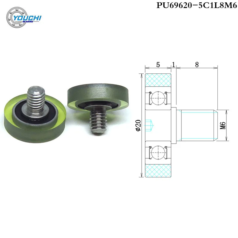 5pcs OD 20 mm PU Coated Roller With 696RS Bearing and M6 Screw PU69620-5C1L8M6 Polyurethane Soft Rubber Mute Pulley Wheel