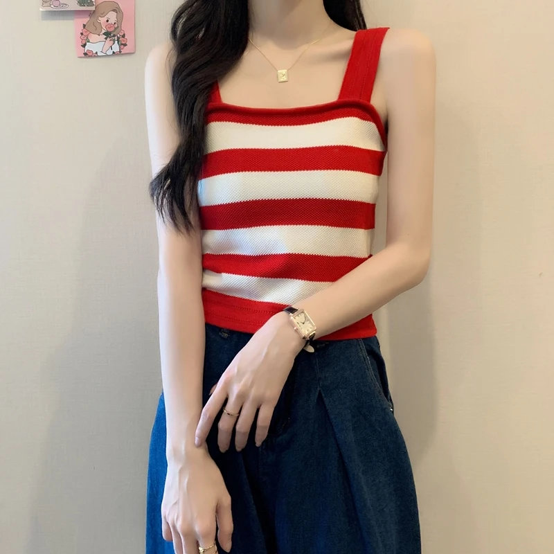 

2021 New Women Square Neck Crop Top Female Knitted Simple Summer Crop Tank Tops Lady Striped Camisoles Tank Tops