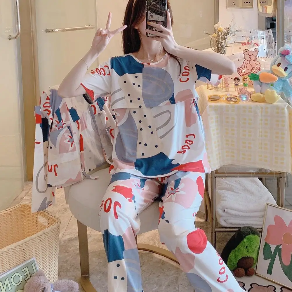 3PCS/Set Printed Maternity Nursing Sleepwear Breastfeeding Nightwear for Pregnant Women Pregnancy Breast Feeding Pajamas Suits