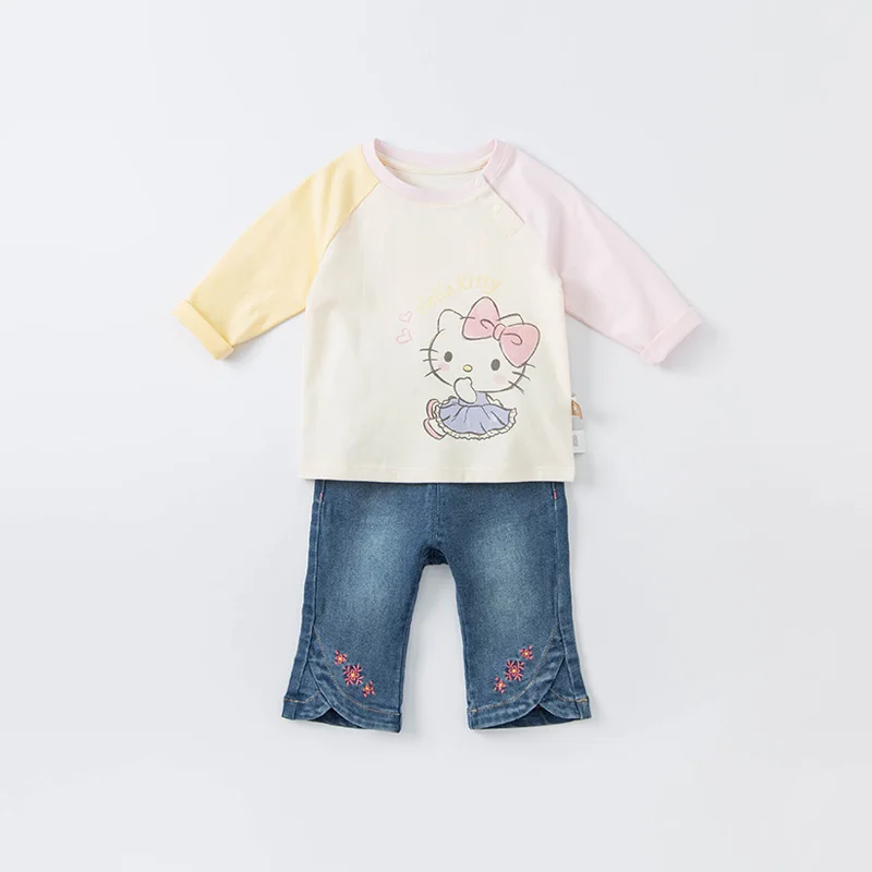 DBM19594 dave bella autumn baby girls cute cartoon letter print patchwork T-shirt children tops kids girl fashion tees