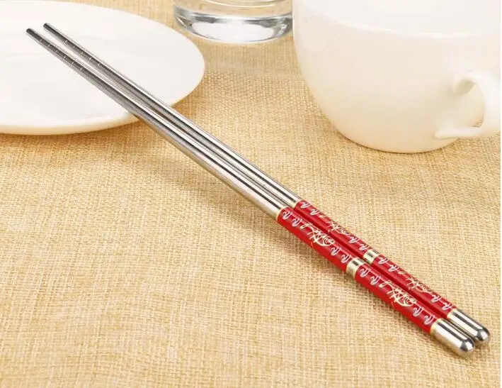 Chopsticks Chinese Natural Japanese Chopsticks Set 1Pair Length White Flower Pattern Stainless Steel Chopsticks