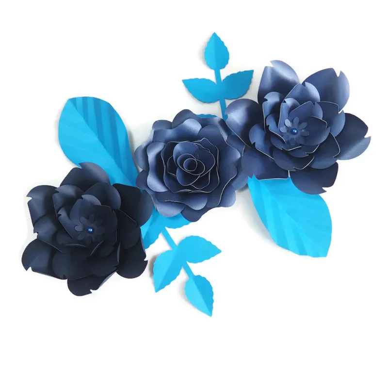 DIY Giant Paper Flowers Artificial Flowers Fleurs Artificielles Backdrop Rose 3CS+ 4 Leave Wedding Party Decor Nursery Dark Blue