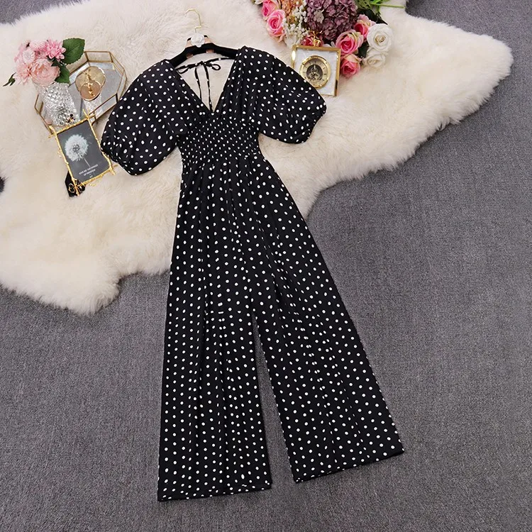 HISUMA summer new women's dot print deep V neck puff sleeve chiffon jumpsuit female V collar Wide leg playsuits women bodysuit