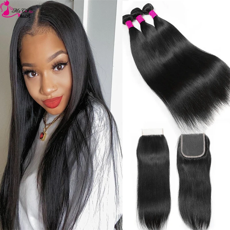 Ms Cat Hair Peruvian Straight Hair Bundles With Closure 3 Bundles Remy Hair Weave 4 Pcs/Lot Human Hair Bundles With Closure