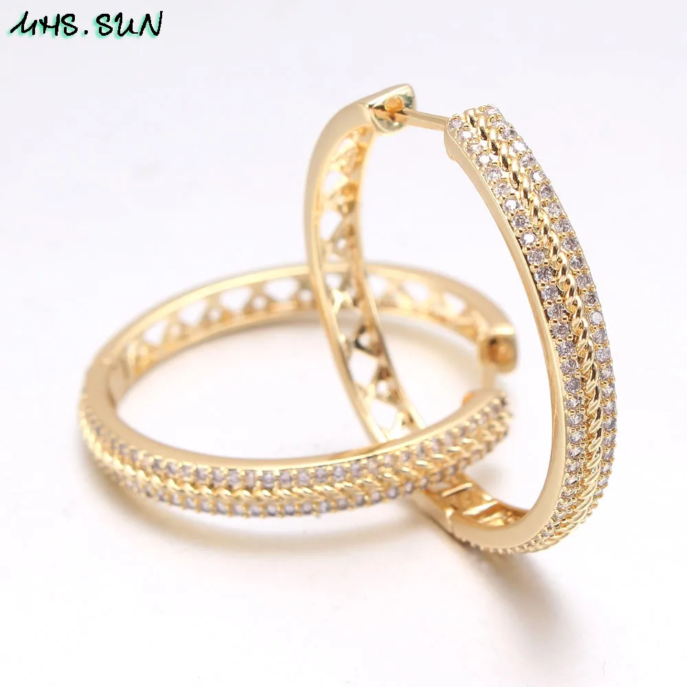 MHS.SUN Hollow Design Women Luxury Round Hoop Earrings Fashion Cubic Zirconia Gold Color Jewelry For Party Gift 1Pair Dropship