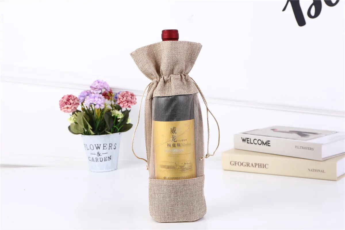 10pcs Folding bottom bag Drawstring gift bundle pocket factory wholesale single-sided window transparent red wine linen bag