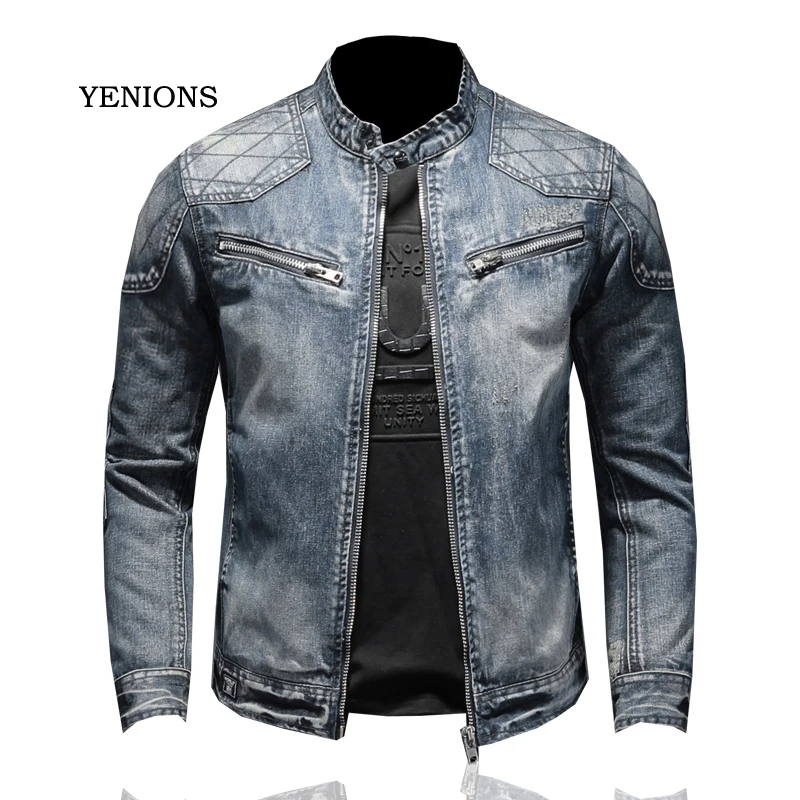 

2021 Winter Plus Velvet Thicken Jeans Coat Men Denim Jacket Stand-up Collar Zipper Slim Warm Moto Bomber Blue Cowboy Outwear