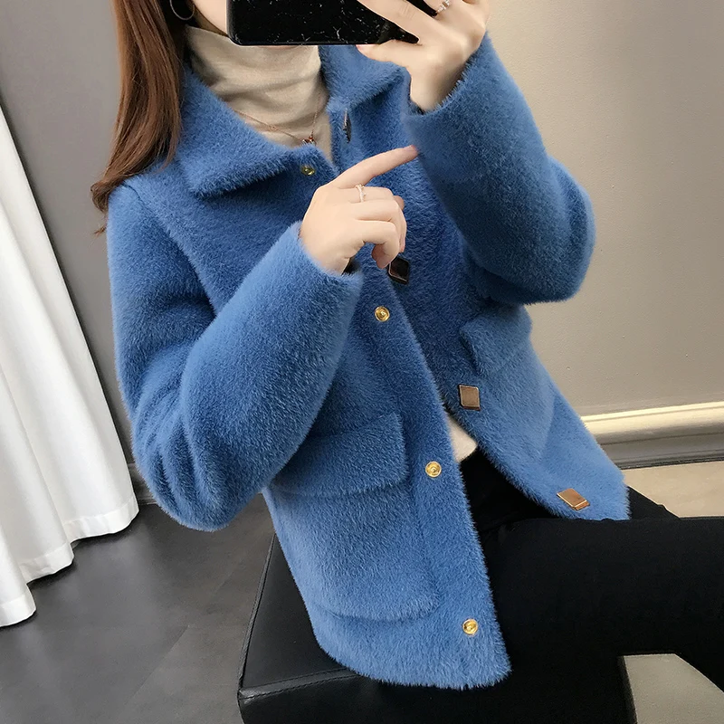 Boutique parka giacca donna 2023 nuove donne coreane cappotto corto visone velluto maglione sciolto donna cardigan lavorato a maglia soprabito