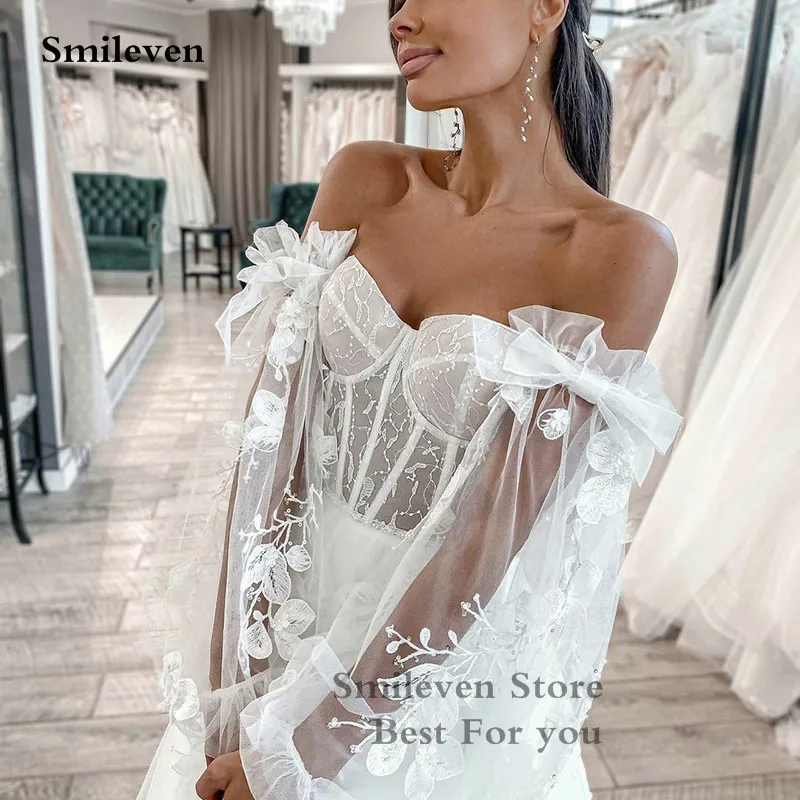 Smileven 3D Lace Wedding Dress With Detachable Puff Sleeve 2022 A Line Sweetheart Bridal Gowns Appliqued Lace Wedding Gowns