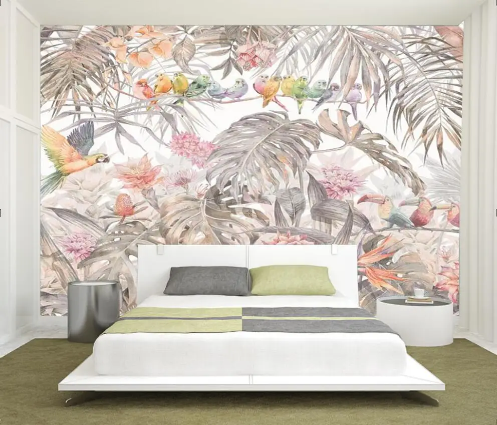 

Custom Wallpaper Photos Tropical Rainforest Plants Leaf Parrot Mural Home Decor Living Room Bedroom Leaf 3D Wallpaper