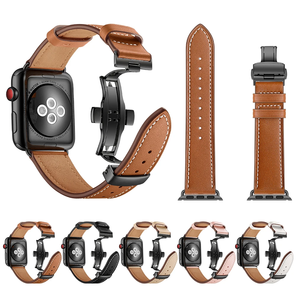 

Genuine Leather Watchband Butterfly buckle for iwatch series se 6 5 4 3 2 1 44mm Strap for Apple Watch Band 38mm 42mm 40mm