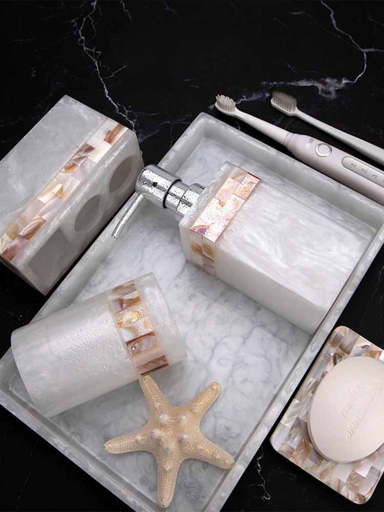 Luxury White Shell Bathroom Accessories Resin Set Bathroom Organizer Set Soap Dispenser Toothbrush Holder Tumbler Soap Dish