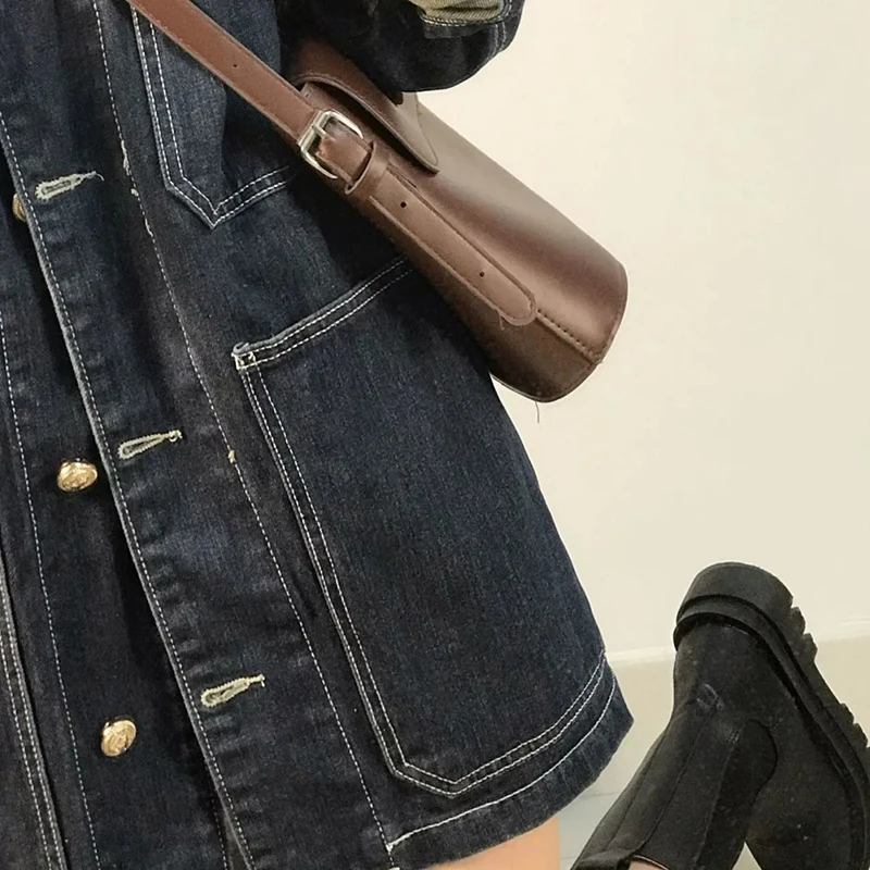 Plus Size 5XL Solid Color Loose Women Jean Jackets Autumn Vintage Versatile Female Denim Coat Big Pockets Midi Cowboy Outerwear