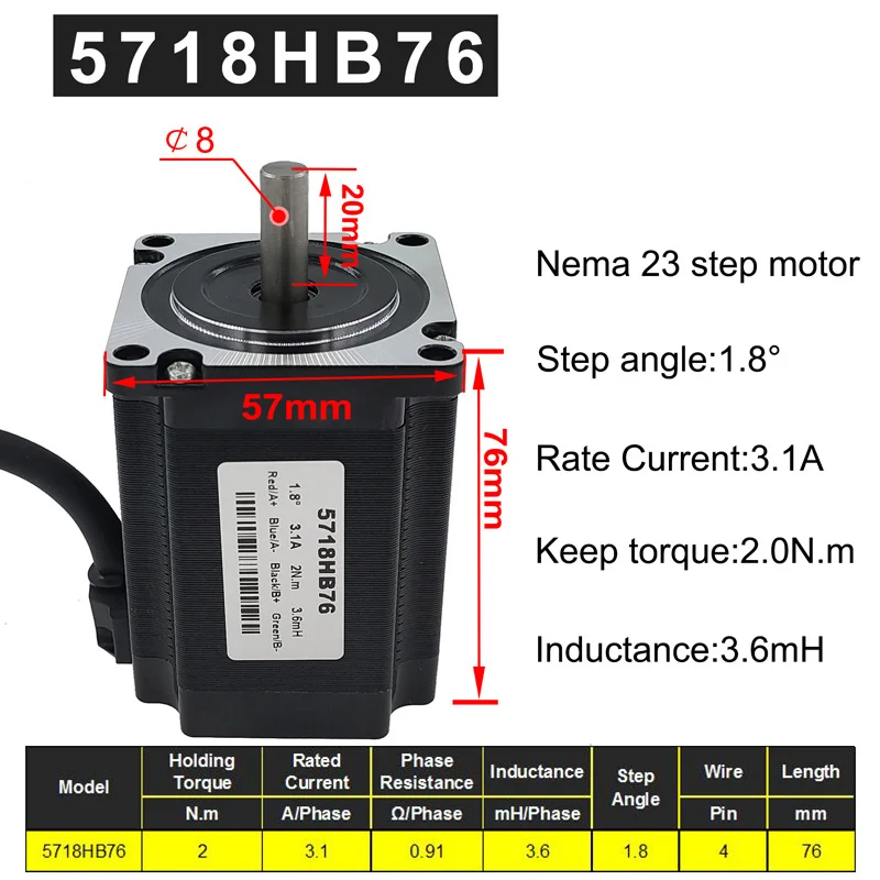 57BYG stepper motor 1.8 Degree 3.1A 2N.m 76mm 2 phase  hybrid driver motor Nema 23 Step Motor