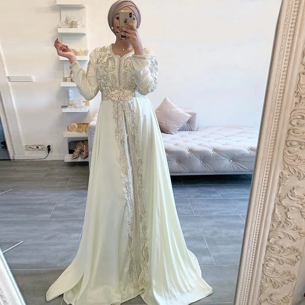 

Moroccan Kaftan Caftan Muslim Evening Dresses A-line Long Sleeves Appliques Beaded Dubai Arabic Abaya Islamic Gown Customized