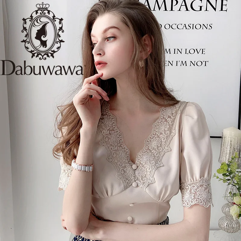 Dabuwawa Tienda Elegant Lace Deep V-Neck Blouse Women Casual Solid Puff Sleeve Chiffon Blouses Shirts Tops Office Lady DT1BCF006