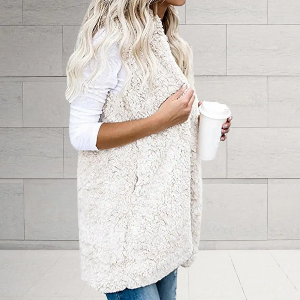 Women Vest Solid Color Pockets Autumn Winter Warm Double-sided Fluffy Pure Color Vest for Daily Wear