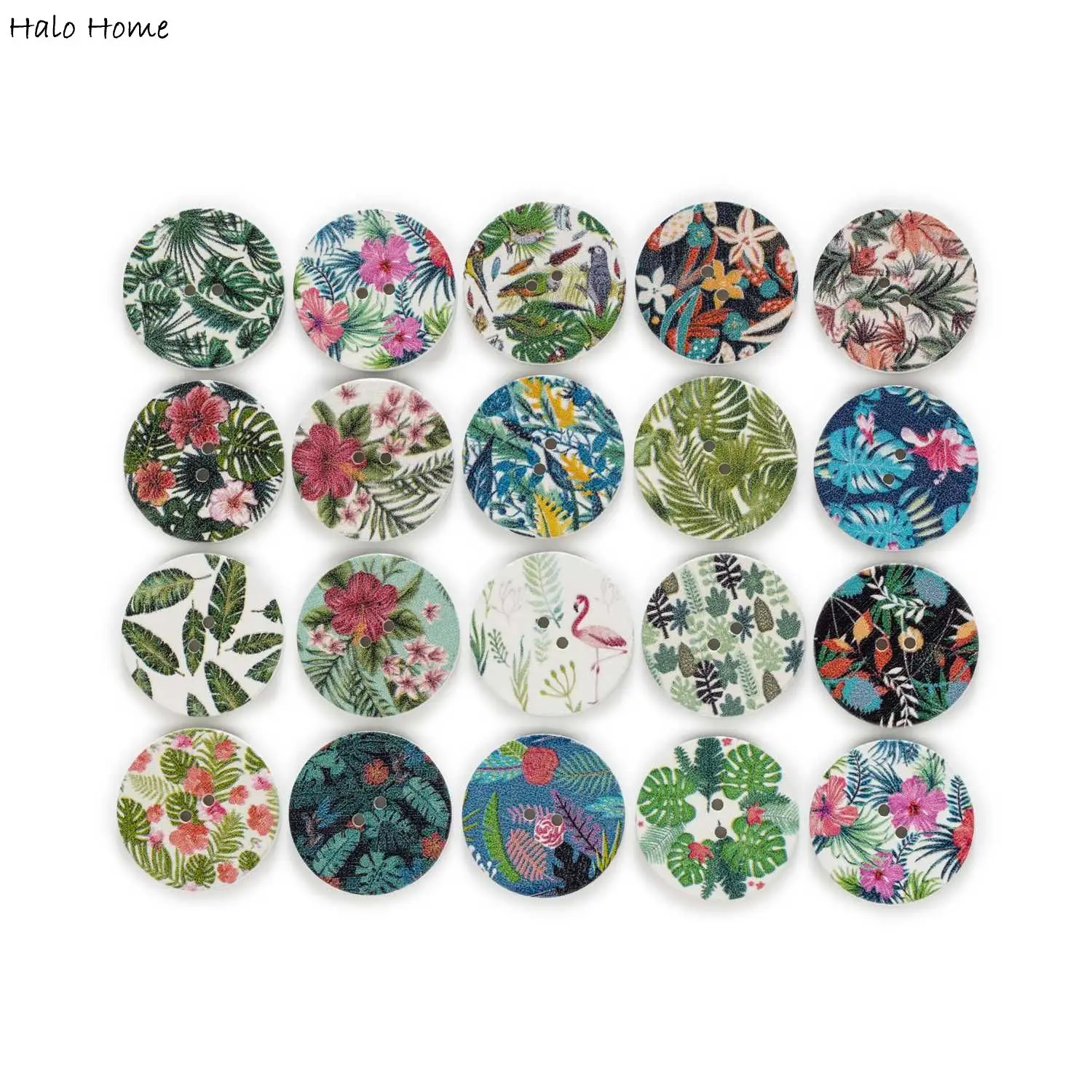 50pcs Round Flower Plant Printing Theme Wooden Button Handwork Sewing Scrapbooking Clothing Crafts Gift Card DIY 15-25mm