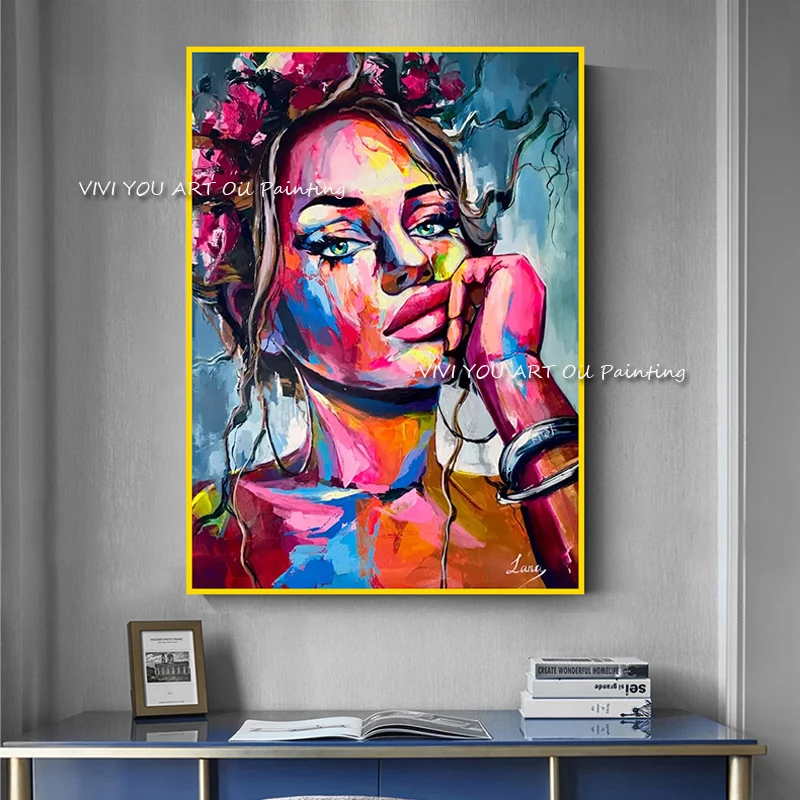 100% Hand-painted Abstract Cute Women Face Oil painting Portraits Best Quality Modern On Canvas Pictures Wall Art Pictures