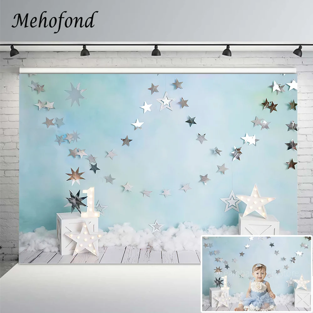 

Mehofond 1st Birthday Photography Background Twinkle Little Silver Stars Wood Floor Baby Cake Smash Portrait Decor Backdrop Prop