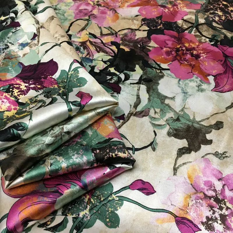 Vine mottled printed lily heavy satin stretch digital printed fabric natural mulberry silk haute couture used for dress fabric