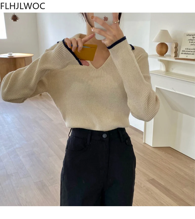 Chic Korean Femme Tops Women Fashion Winter Spring Basic Wear Jumpers Solid Knitted Pullovers Short Sweaters