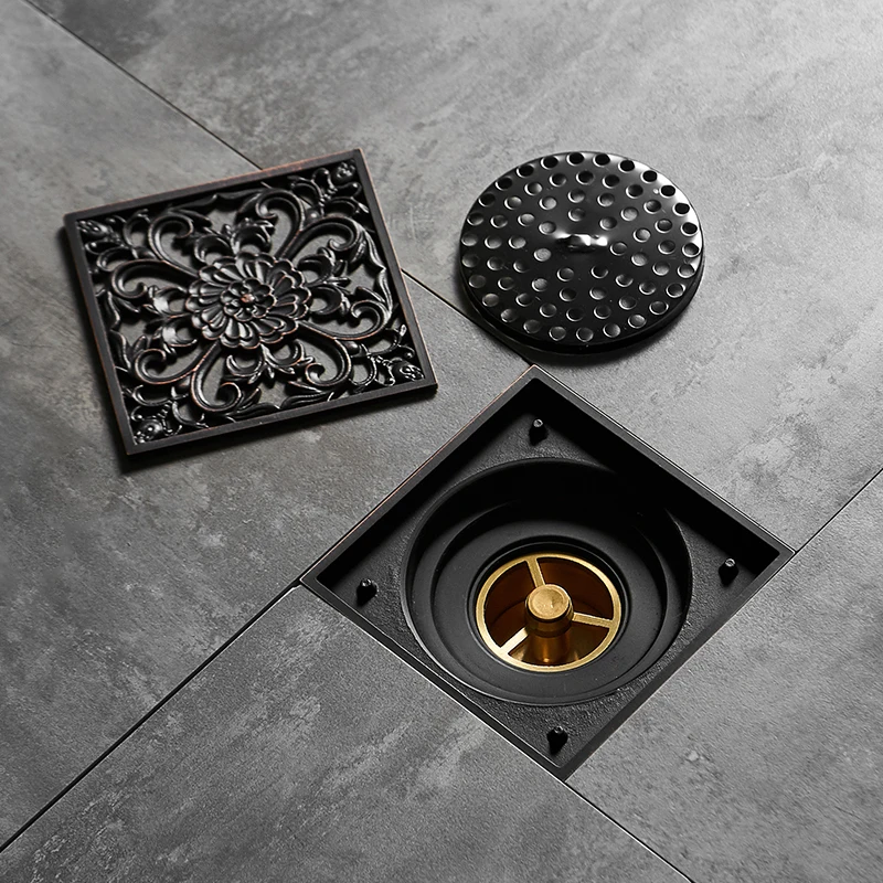 Drain 10cm Square Black Brass Shower Drain Strainer Floor Cover Art Carved Balcony Bathroom Bath Accessories Grate Waste SY-078R