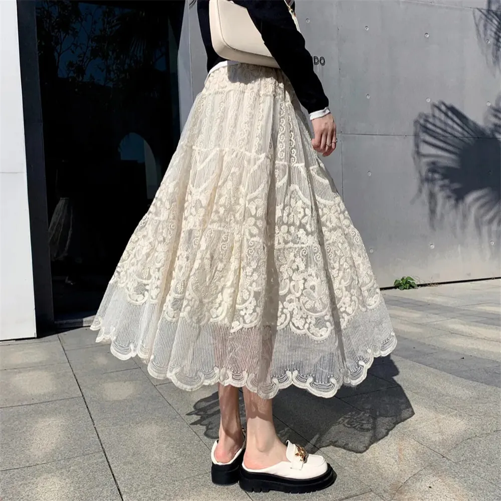 Embroidered Lace Pleated Skirt Women Autumn High Waist Black Long Tulle Skirt Korean Ruffle Large Swing Midi Fairy Grunge Skirt