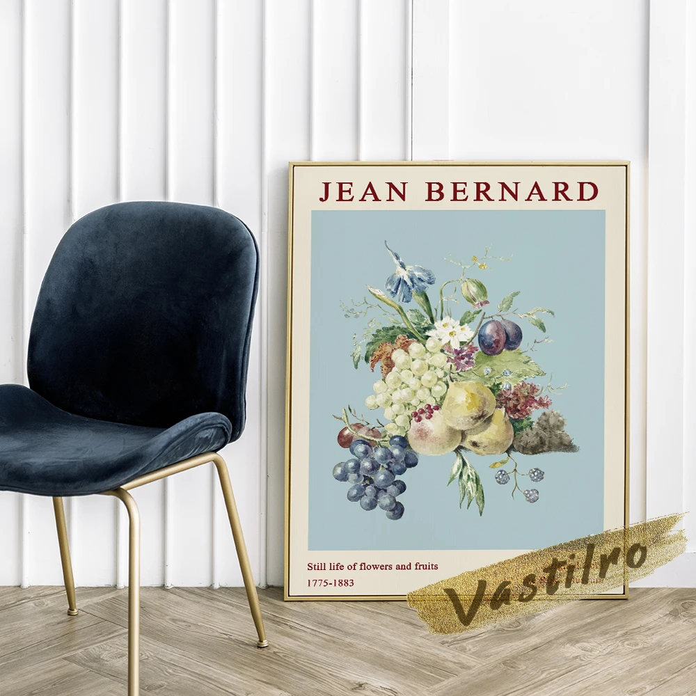 Jean Bernard Museum Exhibition Poster, Bernard Flowers Fruits Still Life Blue Background Oil Painting, Vintage Plant Wall Decor