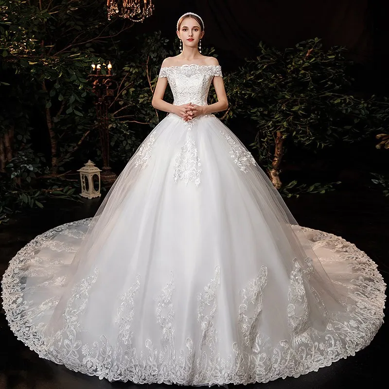 Vestido de novia de encaje con cuello Barco, apliques de ilusión de princesa Simple, 2023