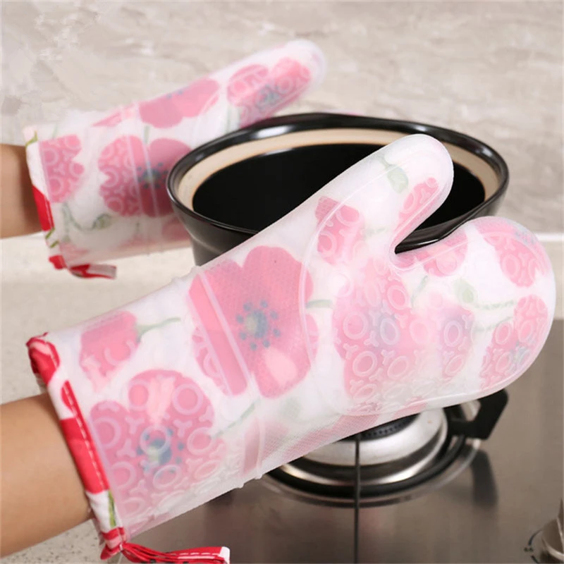 

1Pc Red Flower Wave Point Long Section Plus Cotton Silicone Glove Insulated Microwave Oven Baking Anti-hot Kitchen Tool