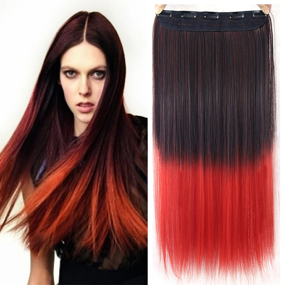 Soowee Black To Red Synthetic Hair Straight Clip In Hair Extensions Hairpins Ombre Hair Hairclip Hair on Barrettes False Strands