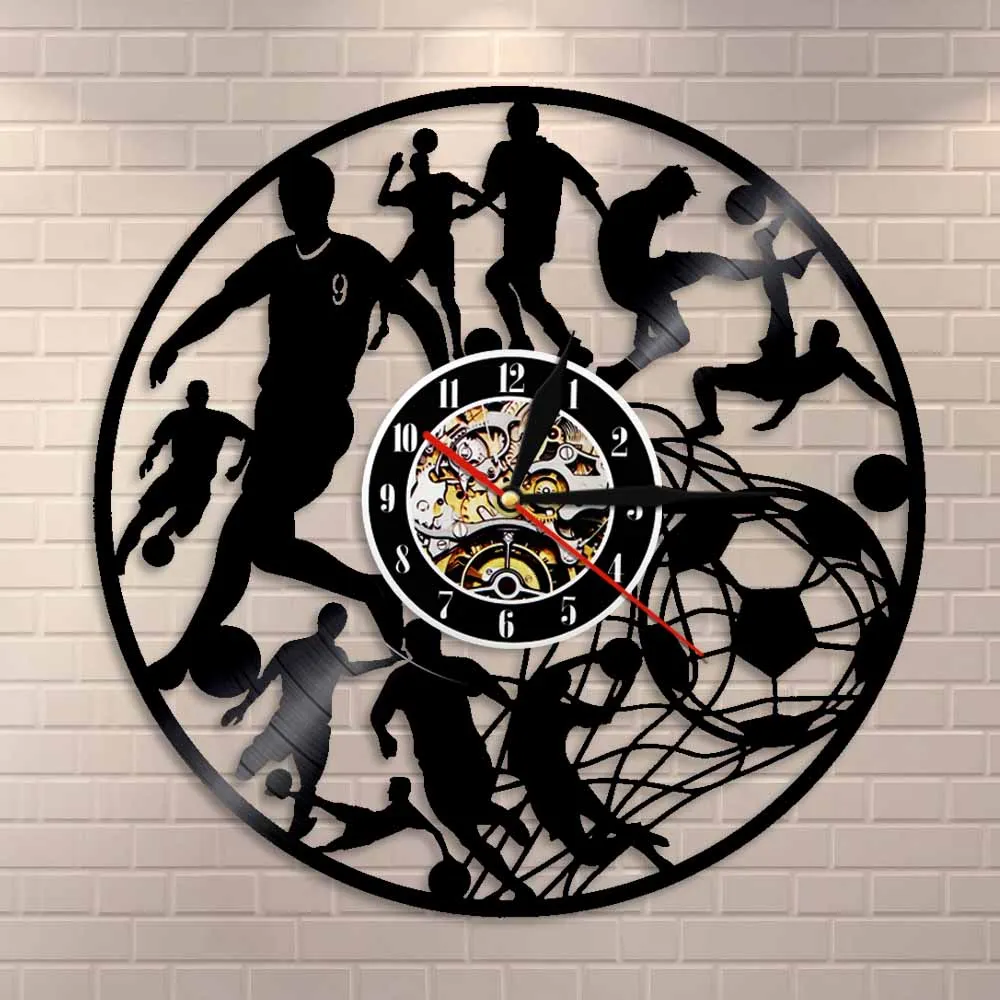 Play Football Soccer Player Silhouette Wall Clock Personality Vinyl Record Hanging Wall Watch 3D Best Gift For Soccer Lover