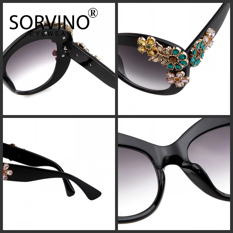 80S Women Oversized Flower Diamond Sunglasses Luxury Brand Designer Retro Vintage Cat Eye Rhinestone Shades Sun Glasses