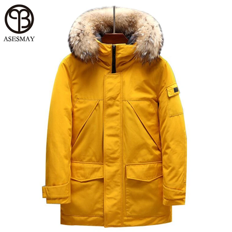 Asesmay Brand Clothing Men Down Jacket Real Fur Hooded Long Winter Coats Male Parka New Tracksuit Joggers Luxury Lovers Outwear