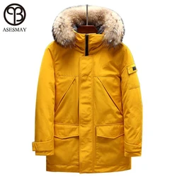 Asesmay Brand Clothing Men Down Jacket Real Fur Hooded Long Winter Coats Male Parka New Tracksuit Joggers Luxury Lovers Outwear