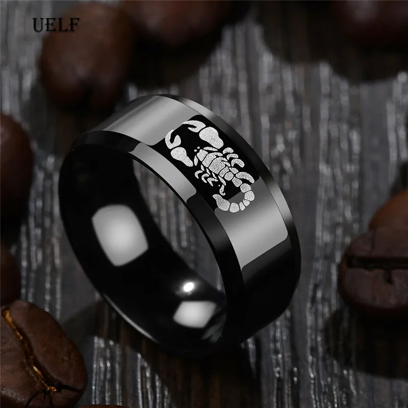 Uelf Punk Vintage Black Scorpion Pattern Mens Ring Stainless Steel Titanium Rings for Men Women Wedding Bands