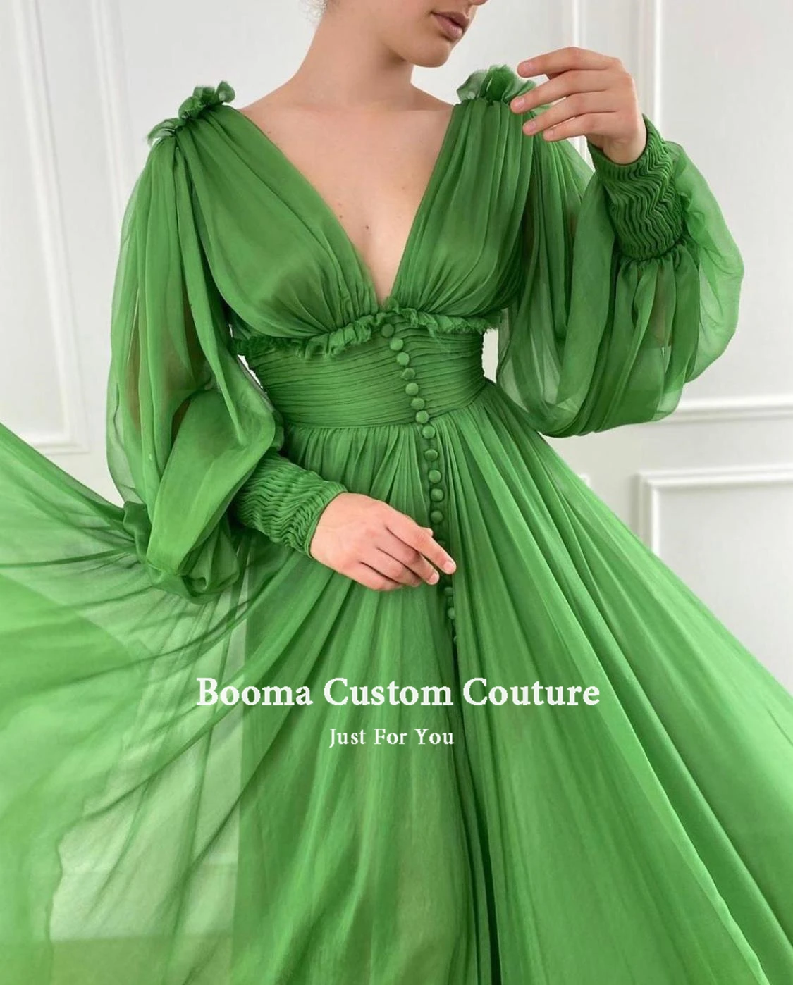 Booma Green V-Neck Prom Dresses Long Puff Sleeves Pleated Slit Skirt Prom Gowns Ruched Waist Buttoned Wedding Party Dresses