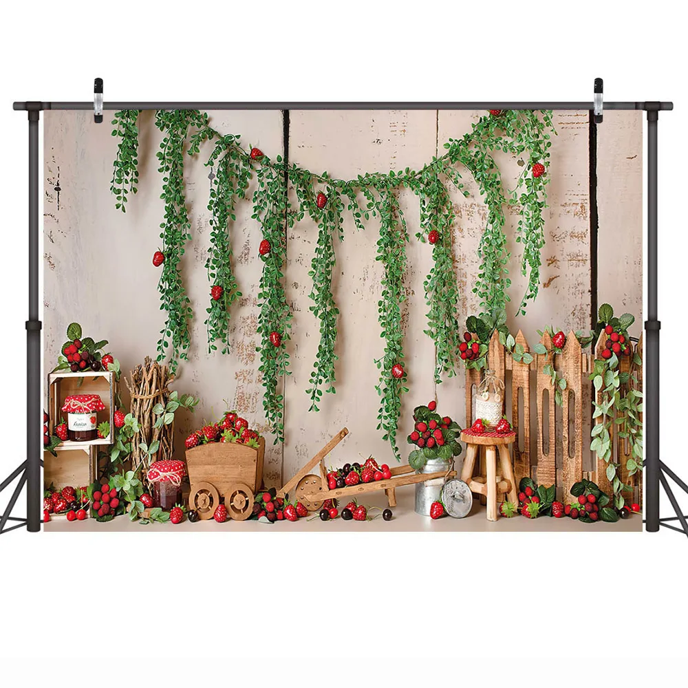 Newborn Kids Portrait Backdrop for Photography Studio Strawberry Theme Birthday Party Decorations Supplies Green Leaves Props